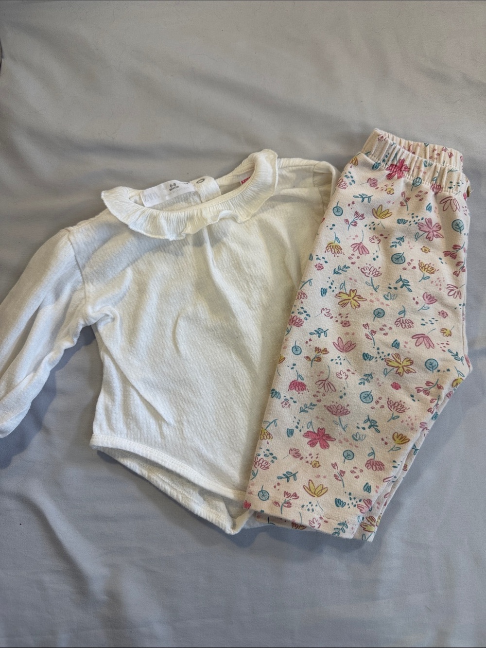 Zara Cream Ruffle Collar Top with Floral Print Pants - Pink, Yellow, Blue